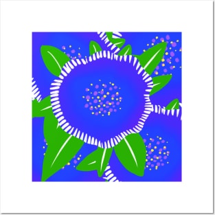 Blue flowers with green leaves Posters and Art